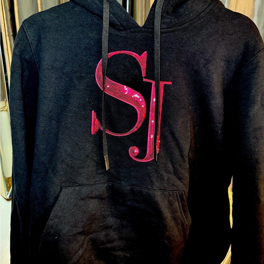 Black Sassy Jones Hoodie with pink Sequin Initials